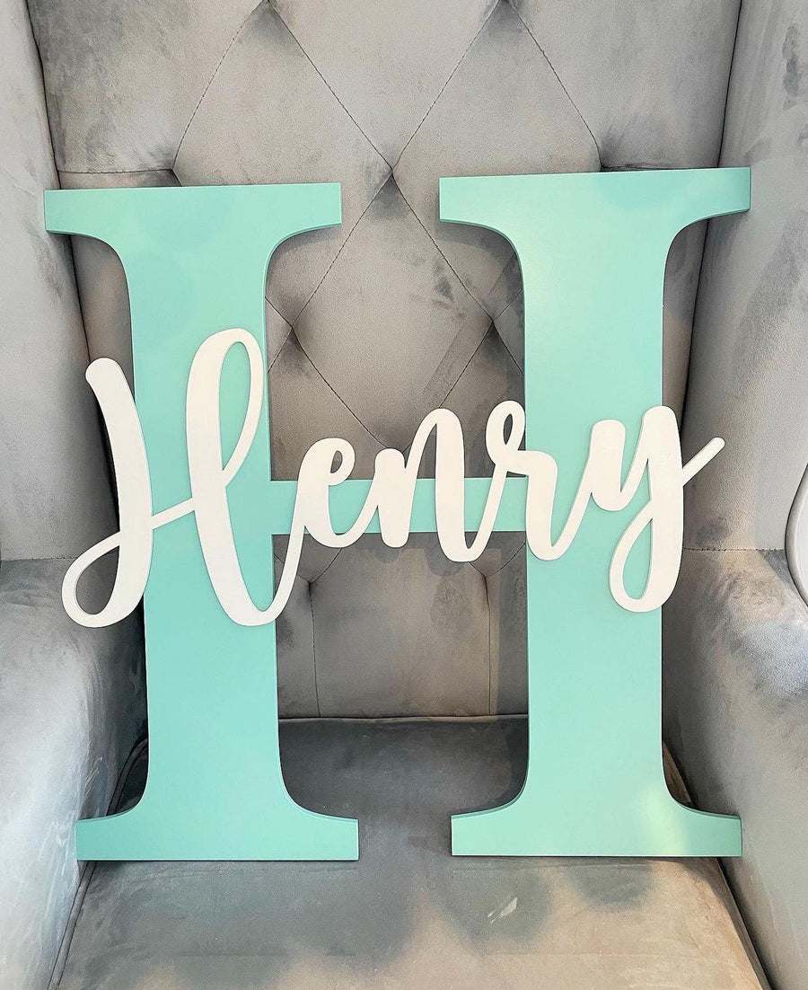 Custom wooden wall name plaque with initials, modern nursery decor, beige color