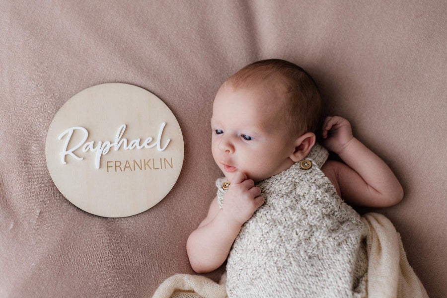 Personalised Wooden Birth Announcement Disc with custom name and natural finish