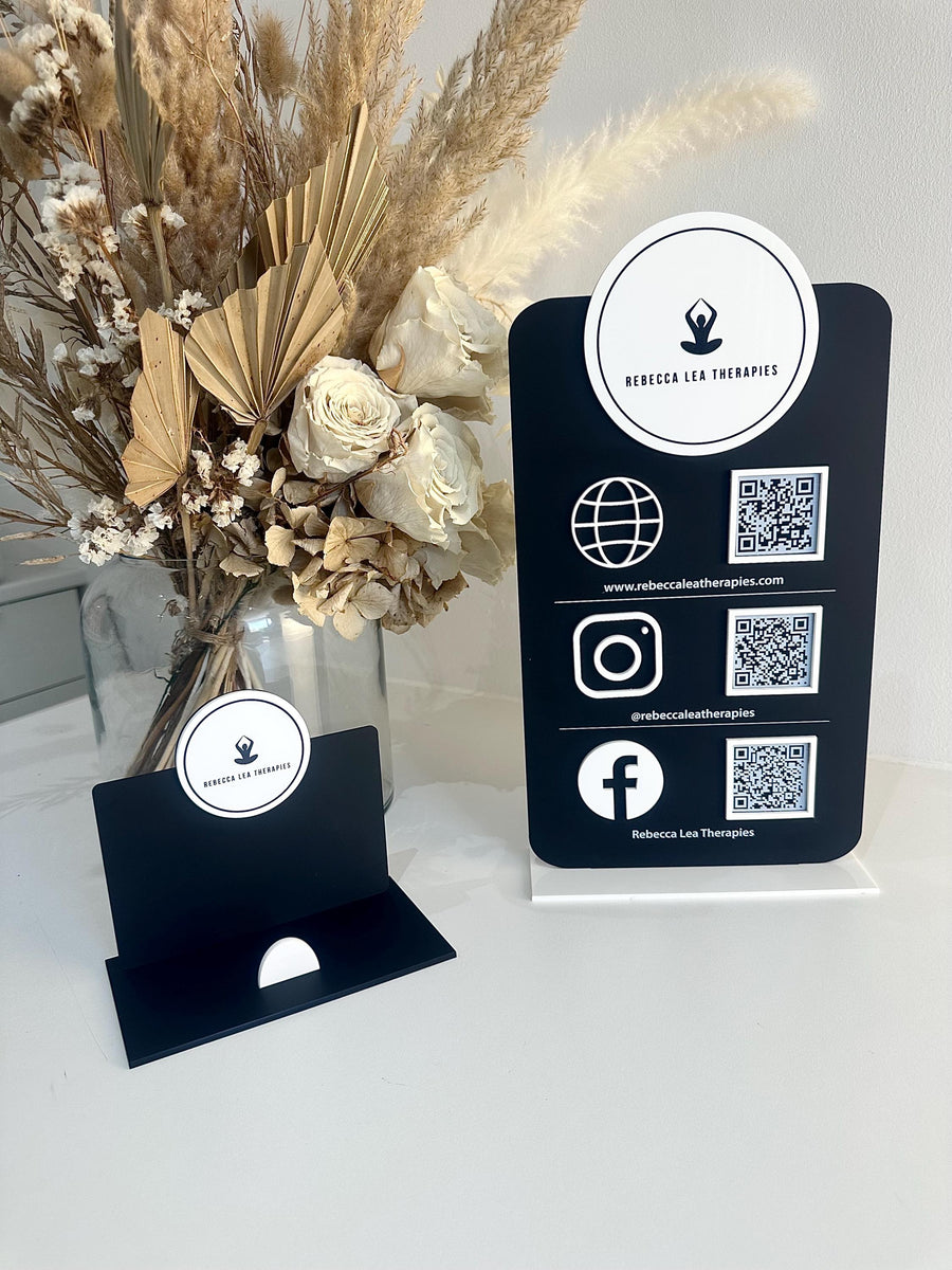 Clear acrylic business card holder with custom logos, desktop organizer