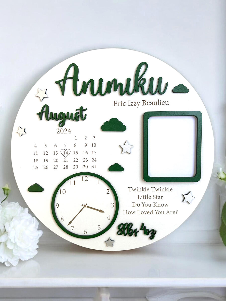 Personalised newborn frame in white wood with birth announcement details