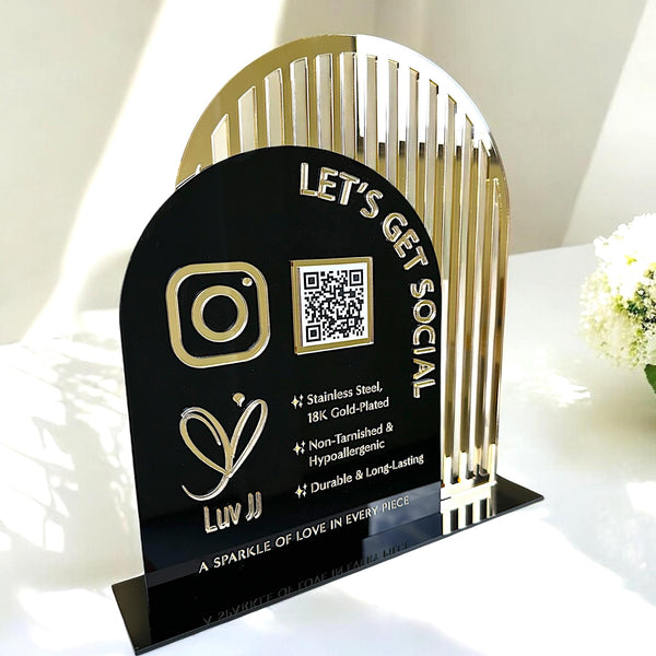 Clear acrylic social media sign with QR code and double arch design
