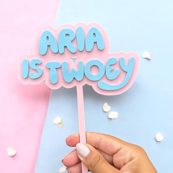 Custom Bluey cake topper in blue acrylic for toddler birthday decorations
