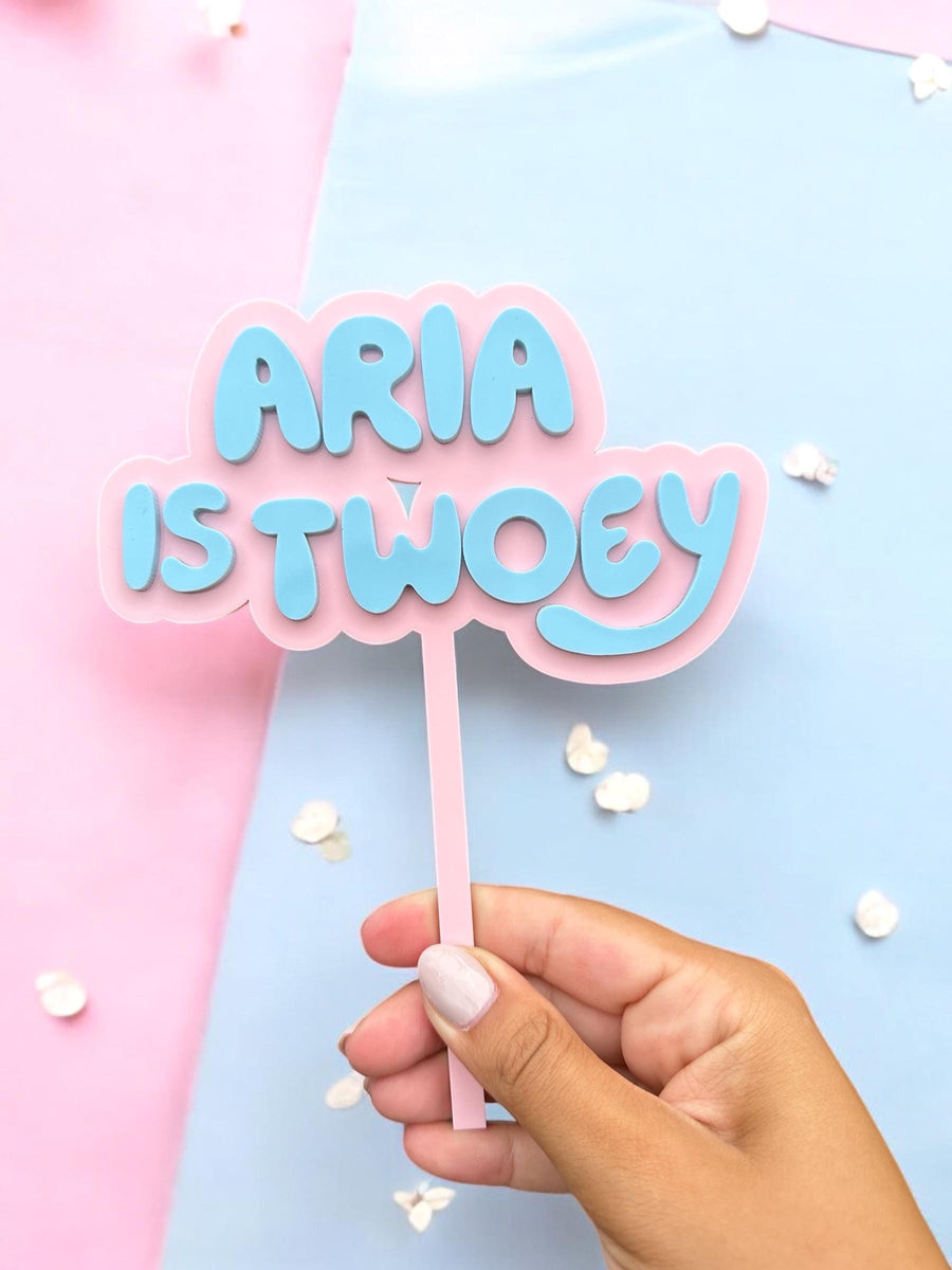 Custom Bluey cake topper in blue acrylic for toddler birthday decorations