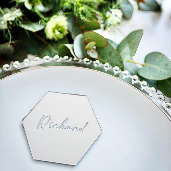 Personalised acrylic hexagon wedding place names in clear color