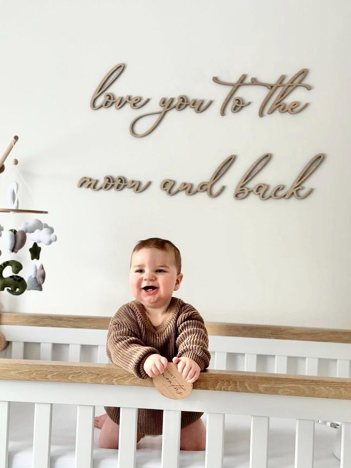 Love You To The Moon and Back wooden nursery sign, laser cut, light brown color