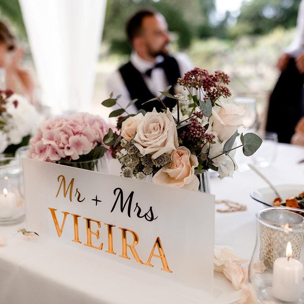 Personalised Mr and Mrs sign, clear acrylic, elegant tabletop wedding decor