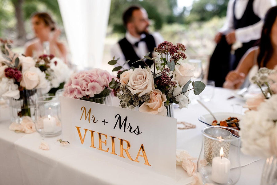 Personalised Mr and Mrs sign, clear acrylic, elegant tabletop wedding decor
