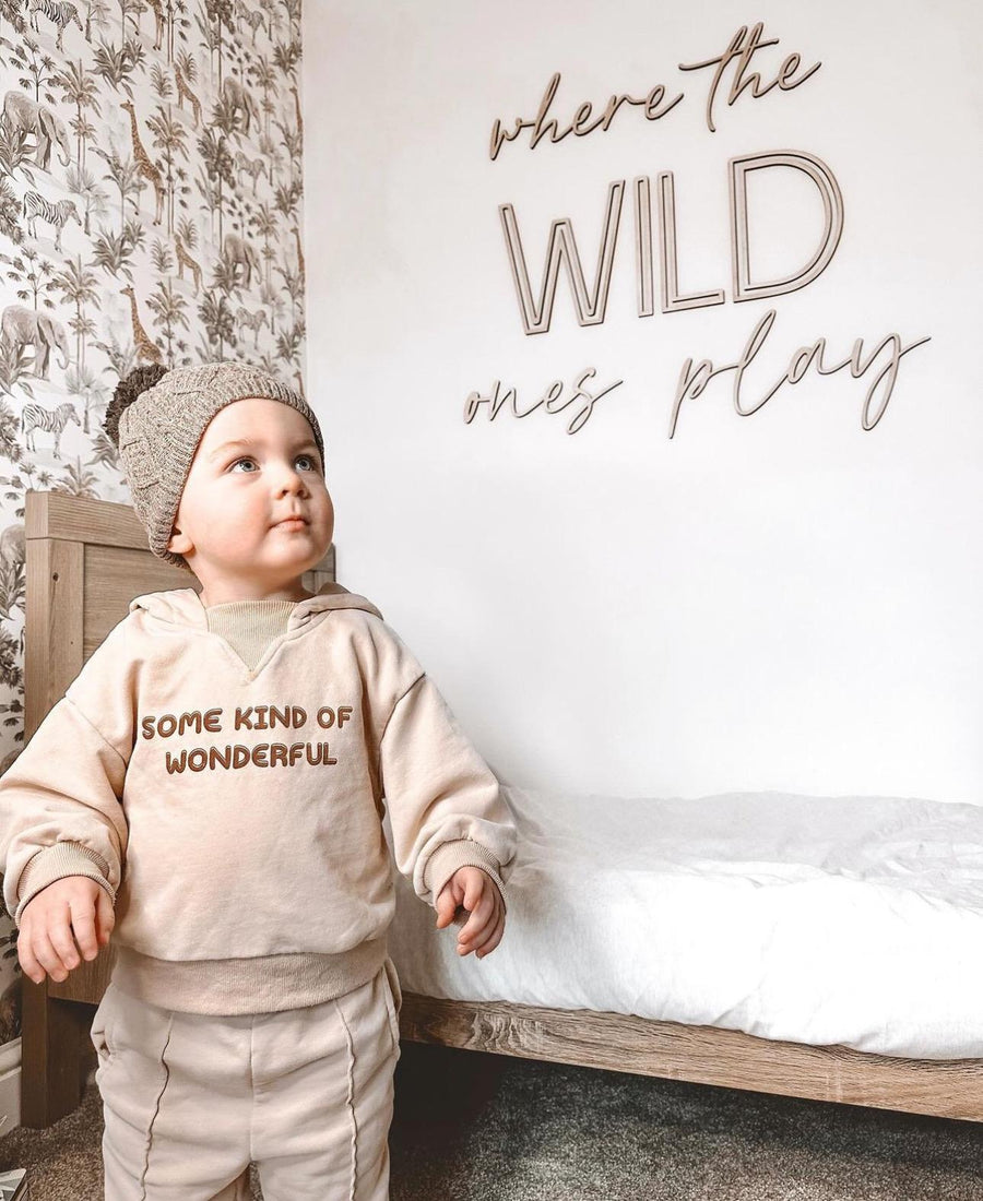 Where the Wild Ones Play sign, wooden jungle nursery wall art