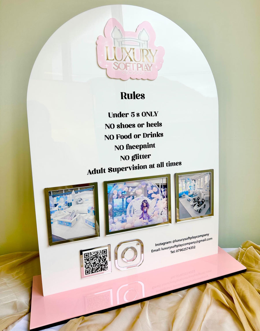 Acrylic play rules sign with colorful images, soft play safety guidelines