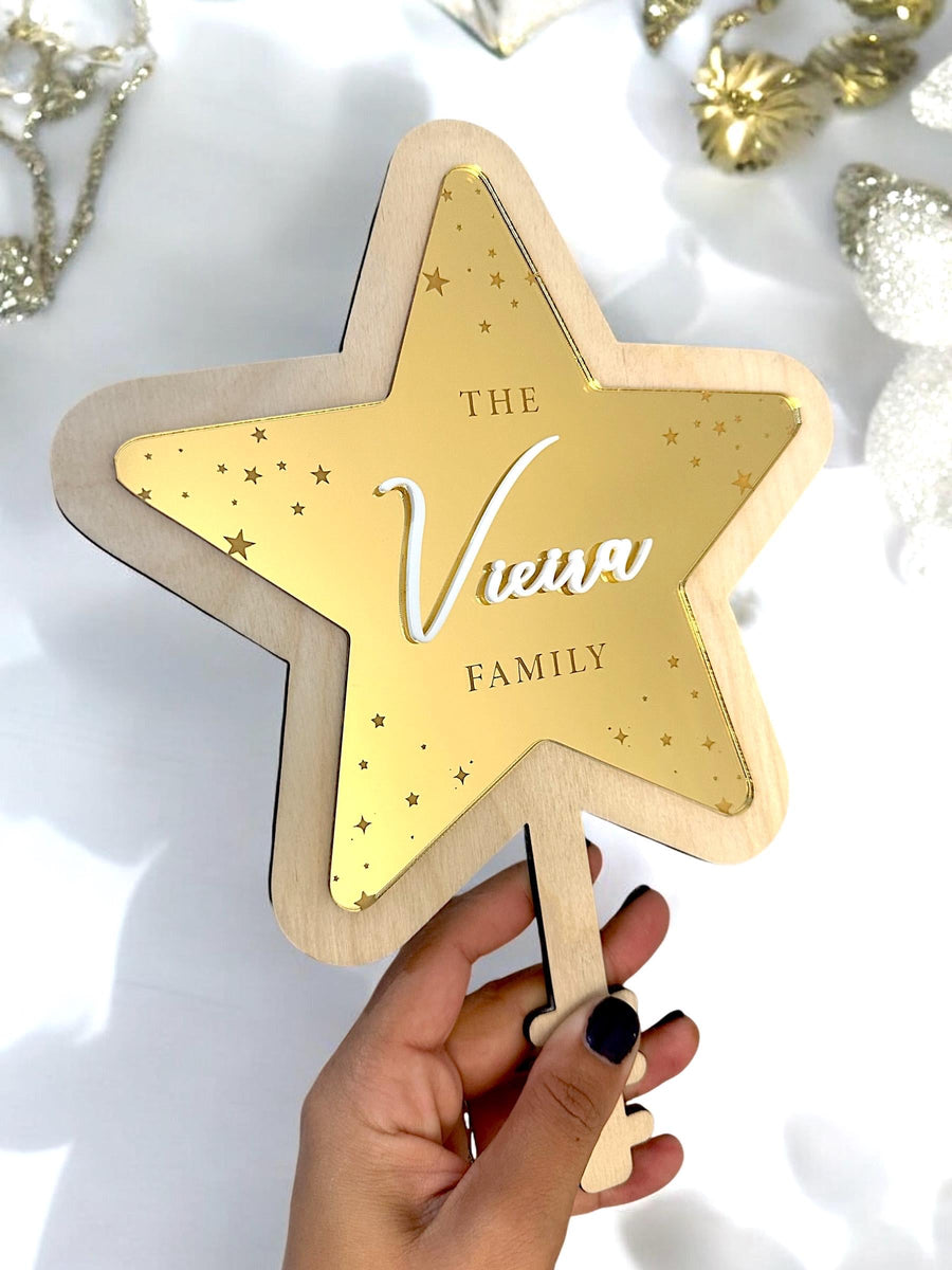 Personalised acrylic Christmas tree topper, star shape, custom family decoration