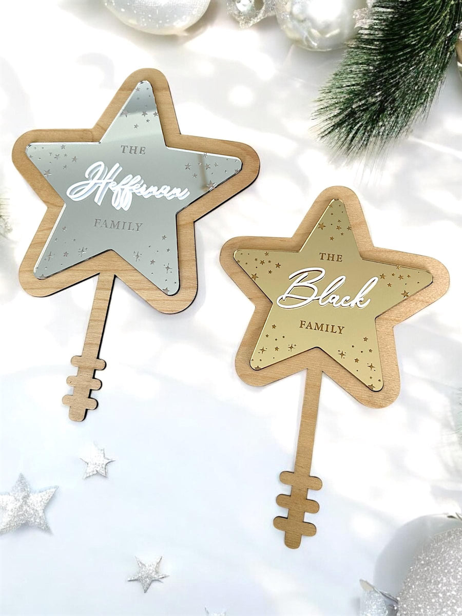 Personalised acrylic Christmas tree topper, star shape, custom family name detail