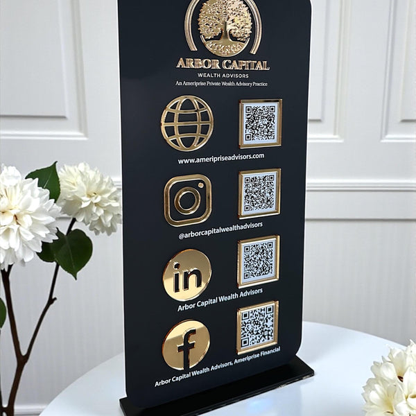 Custom 3D acrylic social media QR code sign, clear and modern design.
