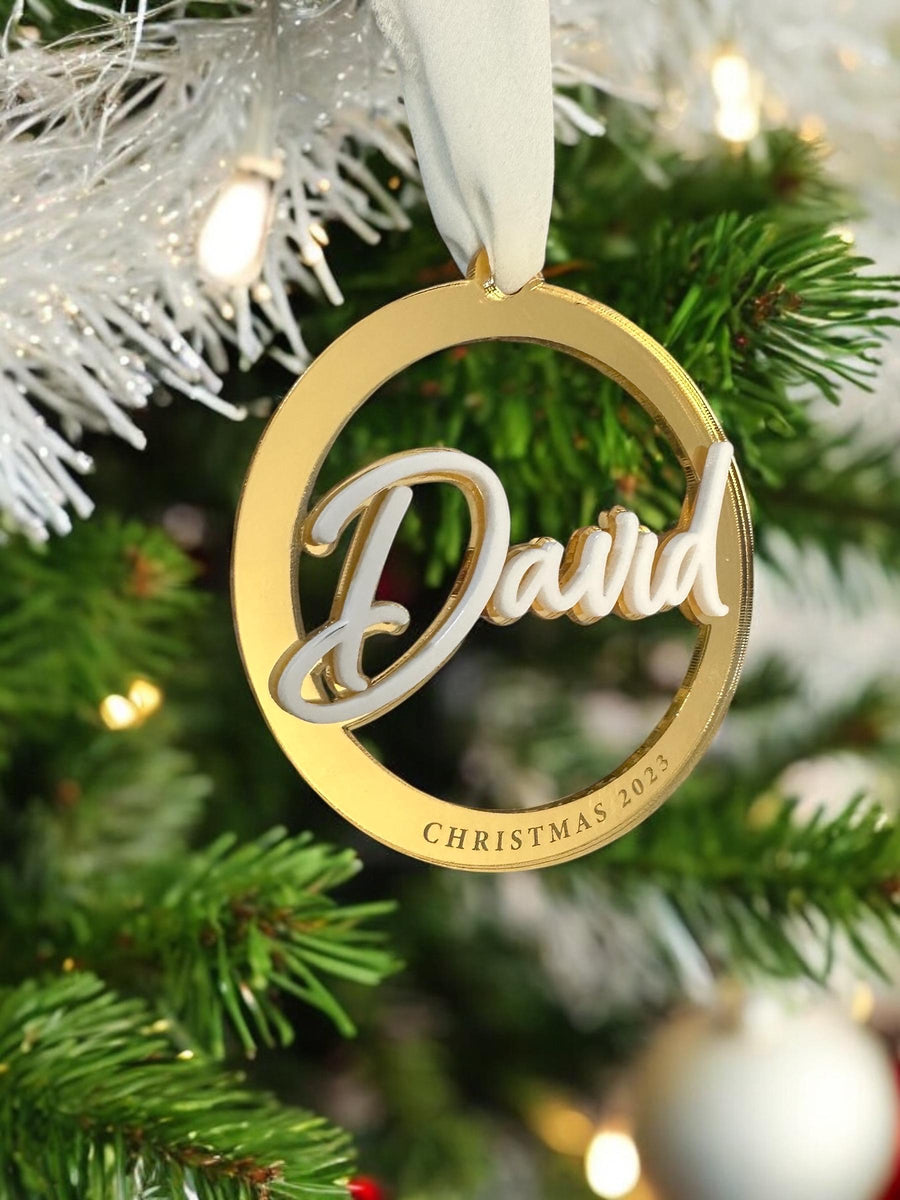 Personalised acrylic name bauble, double layered Christmas tree decoration