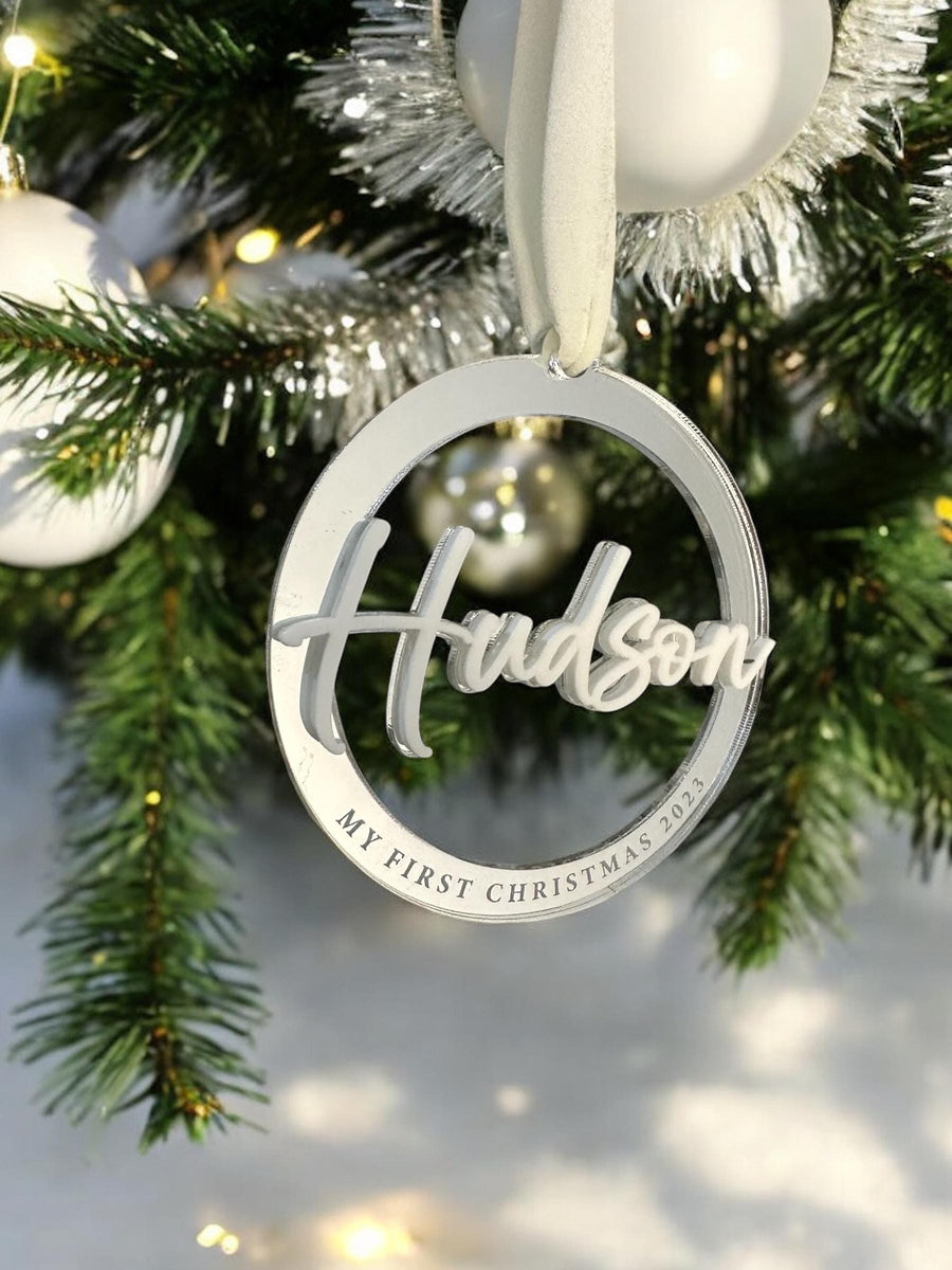 Acrylic name bauble, double layered, personalized Christmas ornament in clear design