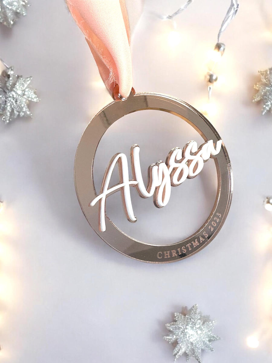 Custom acrylic name bauble, engraved text, Christmas tree decoration