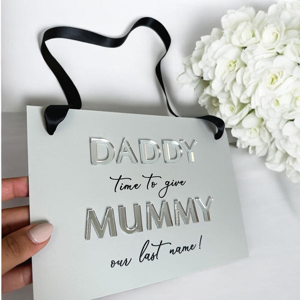 Acrylic Page Boy sign with custom text, A5 size, white and gold design