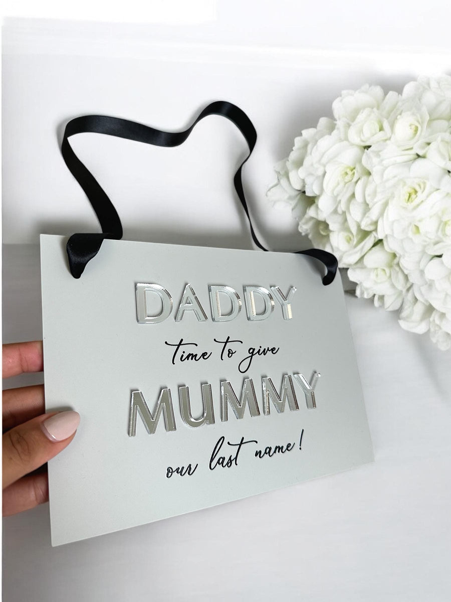 Acrylic Page Boy sign with custom text, A5 size, white and gold design