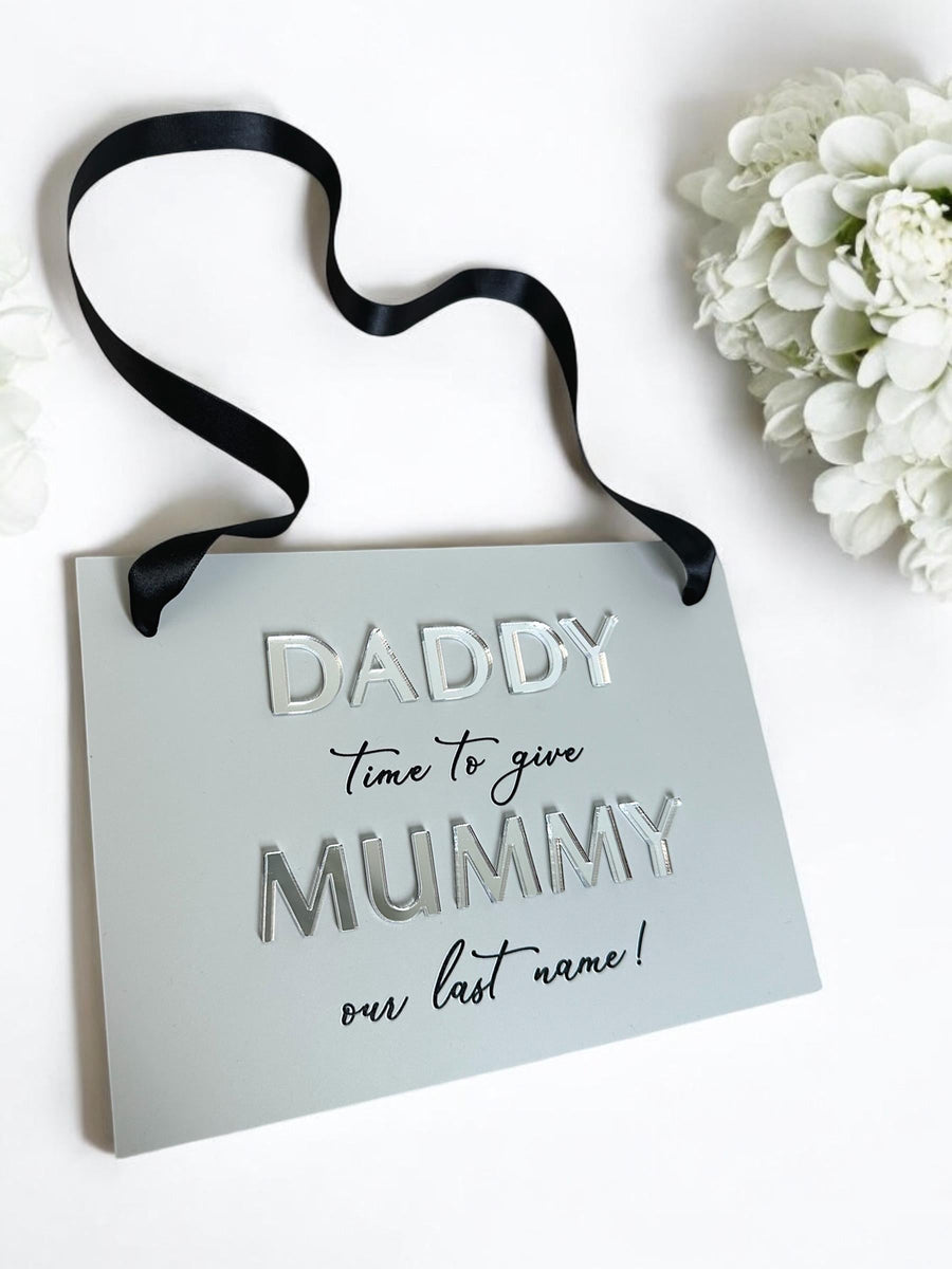 A5 acrylic Page Boy sign with custom wedding text in white and gold design