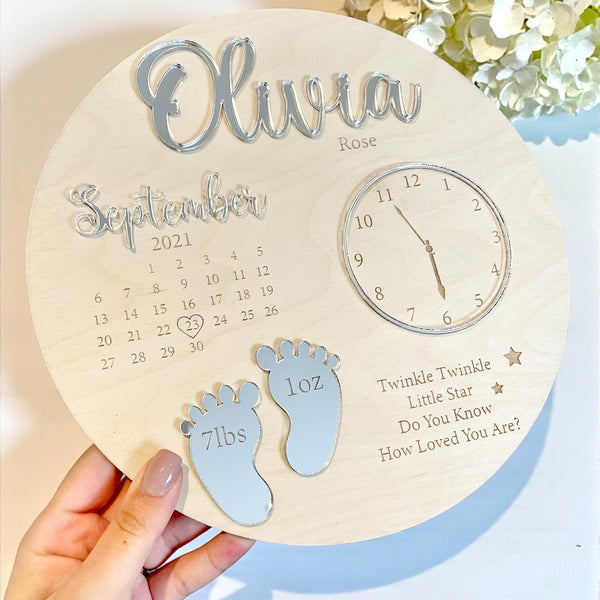 Personalized baby keepsake plaque in pastel colors with birth announcement details
