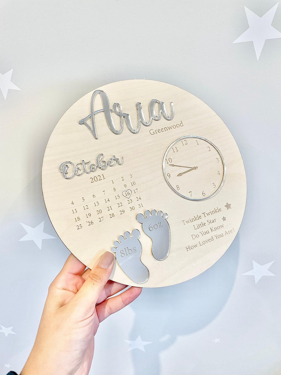 Personalized baby keepsake plaque in white with birth announcement details