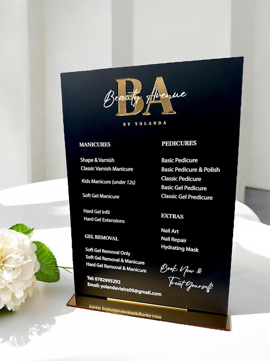 Custom acrylic price list sign, sleek modern design for salon display