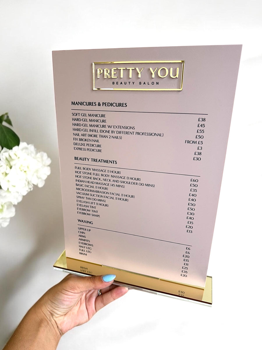 Custom acrylic price list sign for modern salon display in clear design