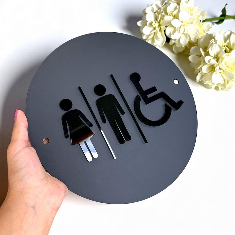 Custom 3D acrylic toilet sign with minimalist design, white on black