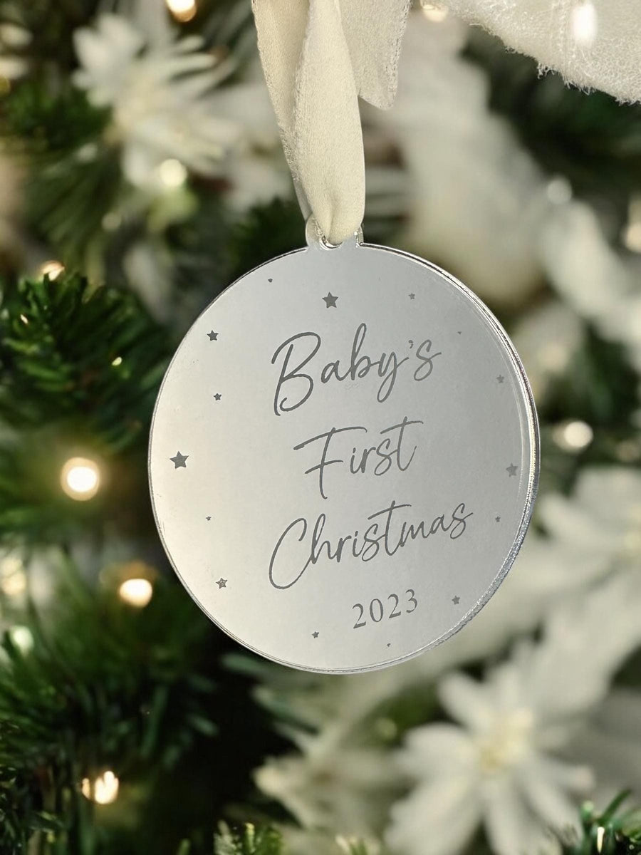 Custom engraved acrylic Christmas bauble for baby's first Christmas