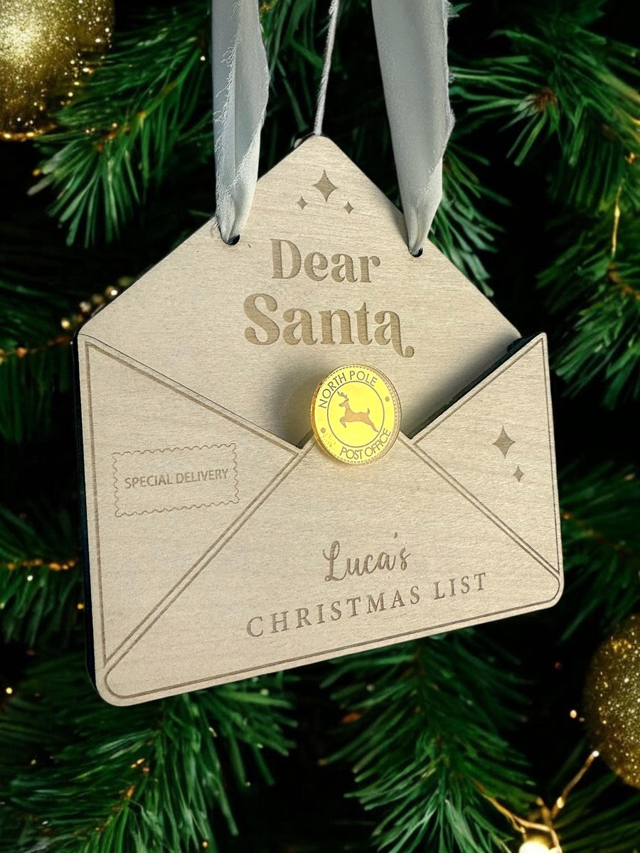 Personalised wooden wish list envelope, decorated for Christmas, keepsake for kids