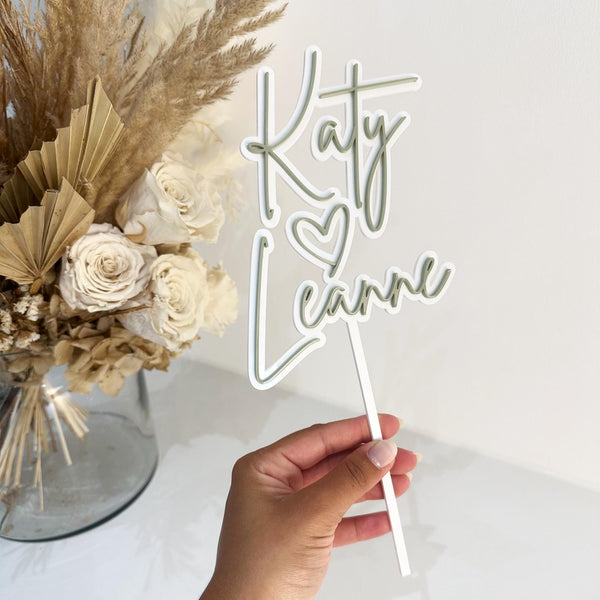 Personalised acrylic wedding cake topper, double layered, custom couples name design