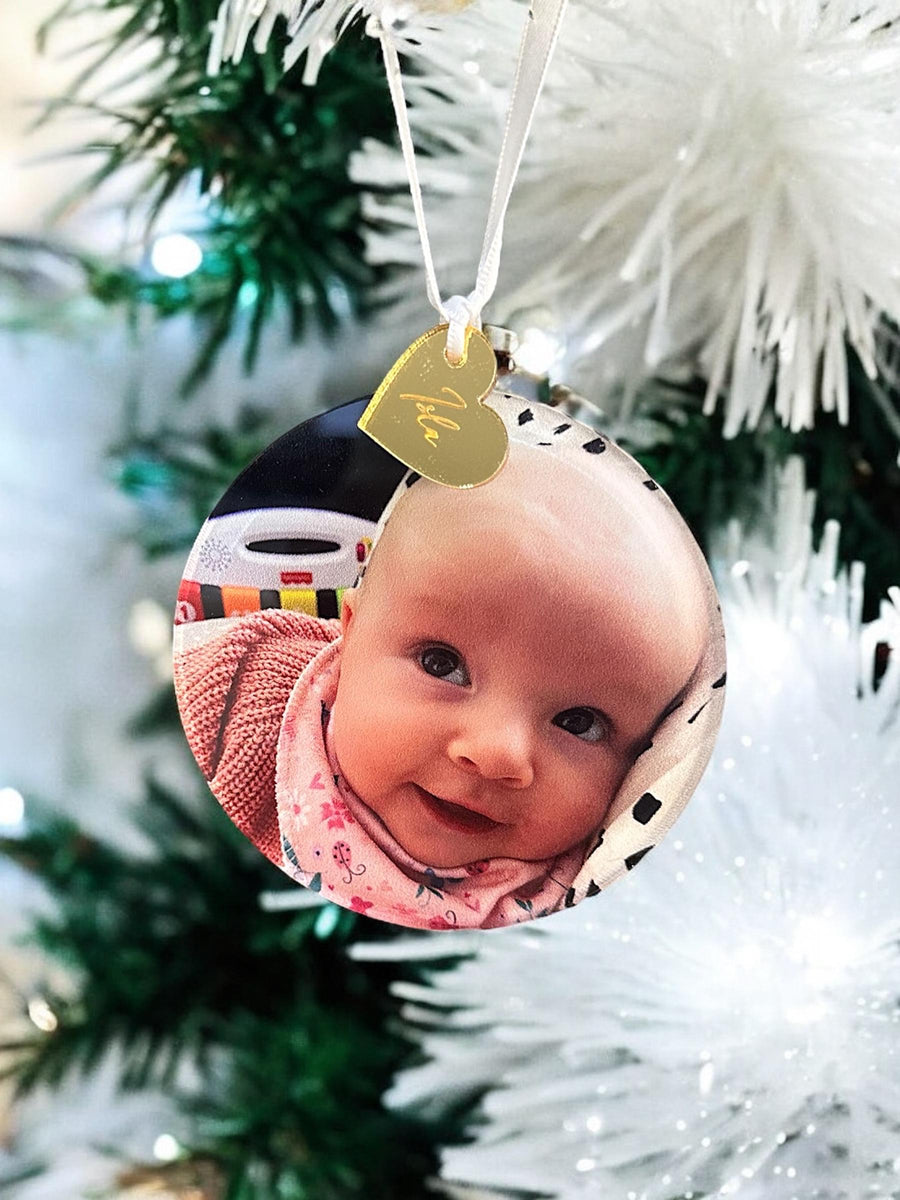 Personalised Baby Photo Bauble with Engraved Acrylic Heart Tag, Custom Baby's First Christmas Ornament, Xmas Gift, Keepsake Ornament