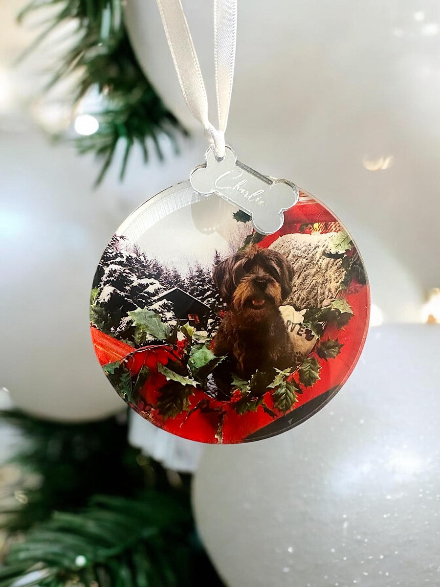 Personalised Baby Photo Bauble with Engraved Acrylic Heart Tag, Custom Baby's First Christmas Ornament, Xmas Gift, Keepsake Ornament