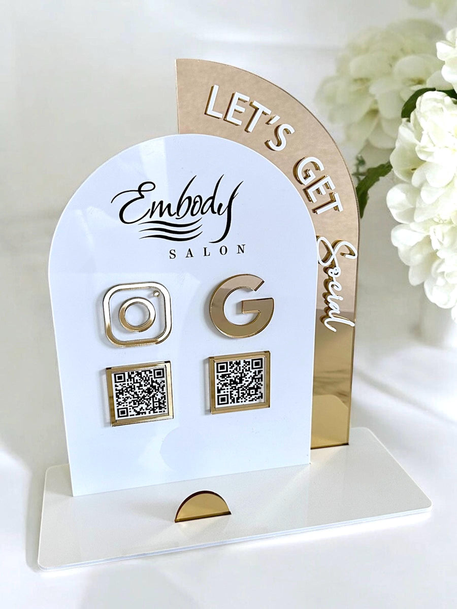 Acrylic Social Media Sign, Let' Be Social Sign, QR Code Acrylic Sign for Social Media, QR Code Business Sign, Double Arch Social Media Sign