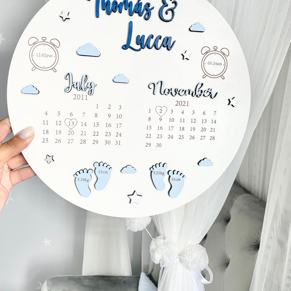 New Baby Birth Plaque for siblings with wooden design and pastel colors