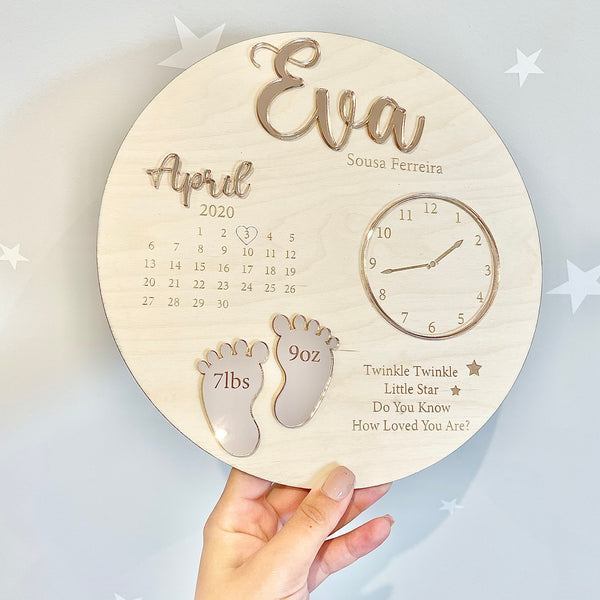 Wooden and acrylic new baby birth plaque in pastel colors