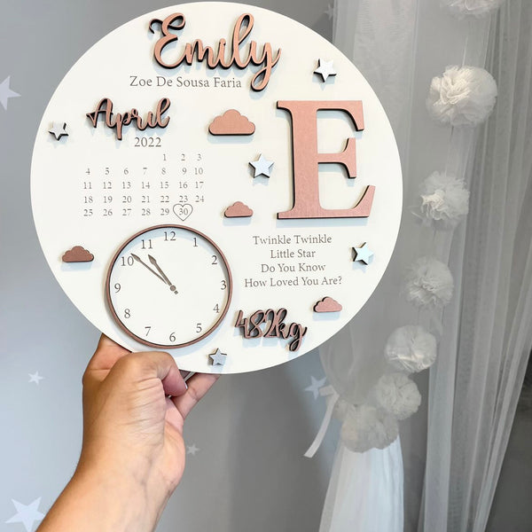 New Baby Birth Plaque in natural wood with engraved details and hanging option