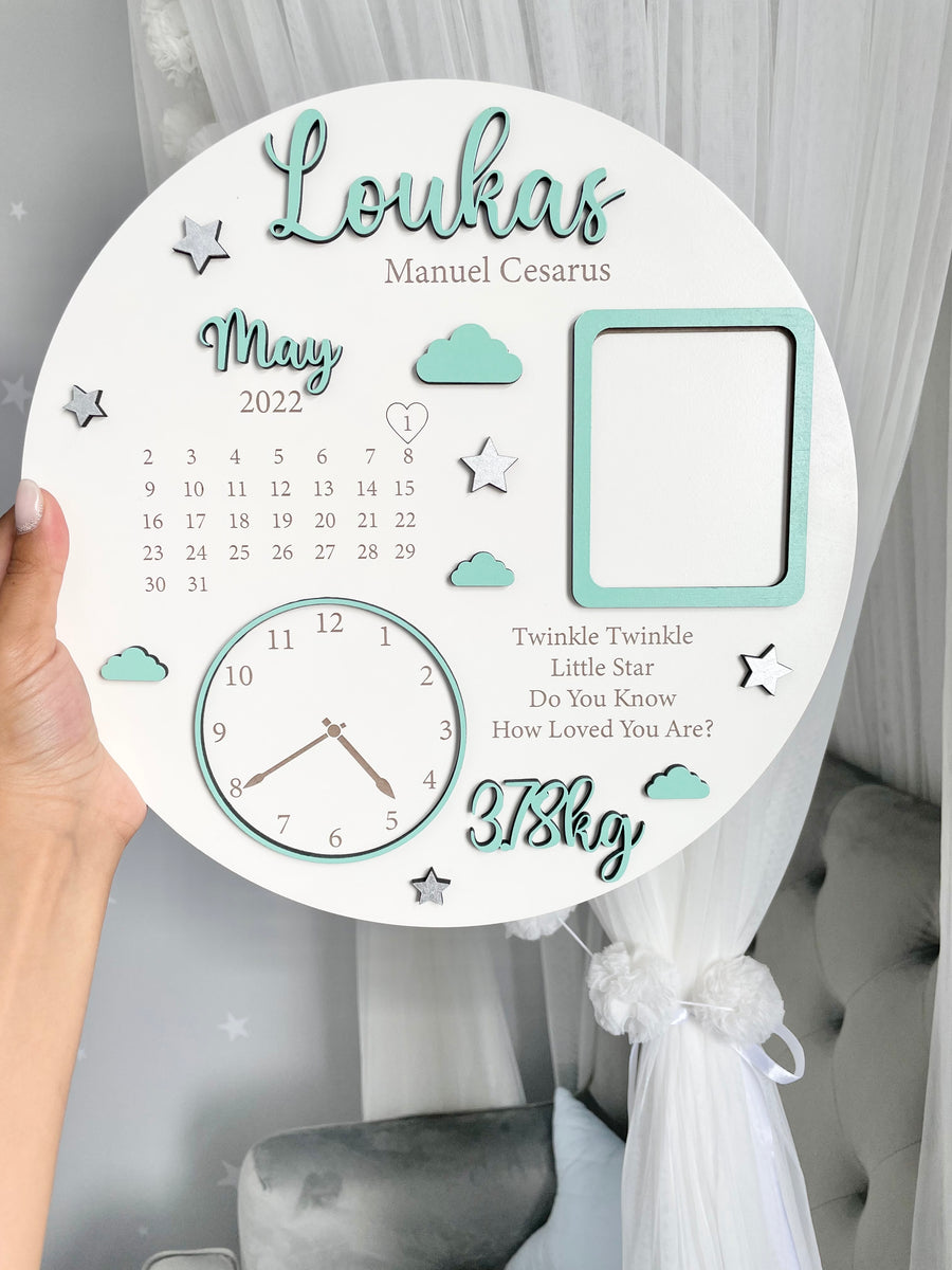 New Baby Photo Frame Plaque with light blue design and cute heart accents