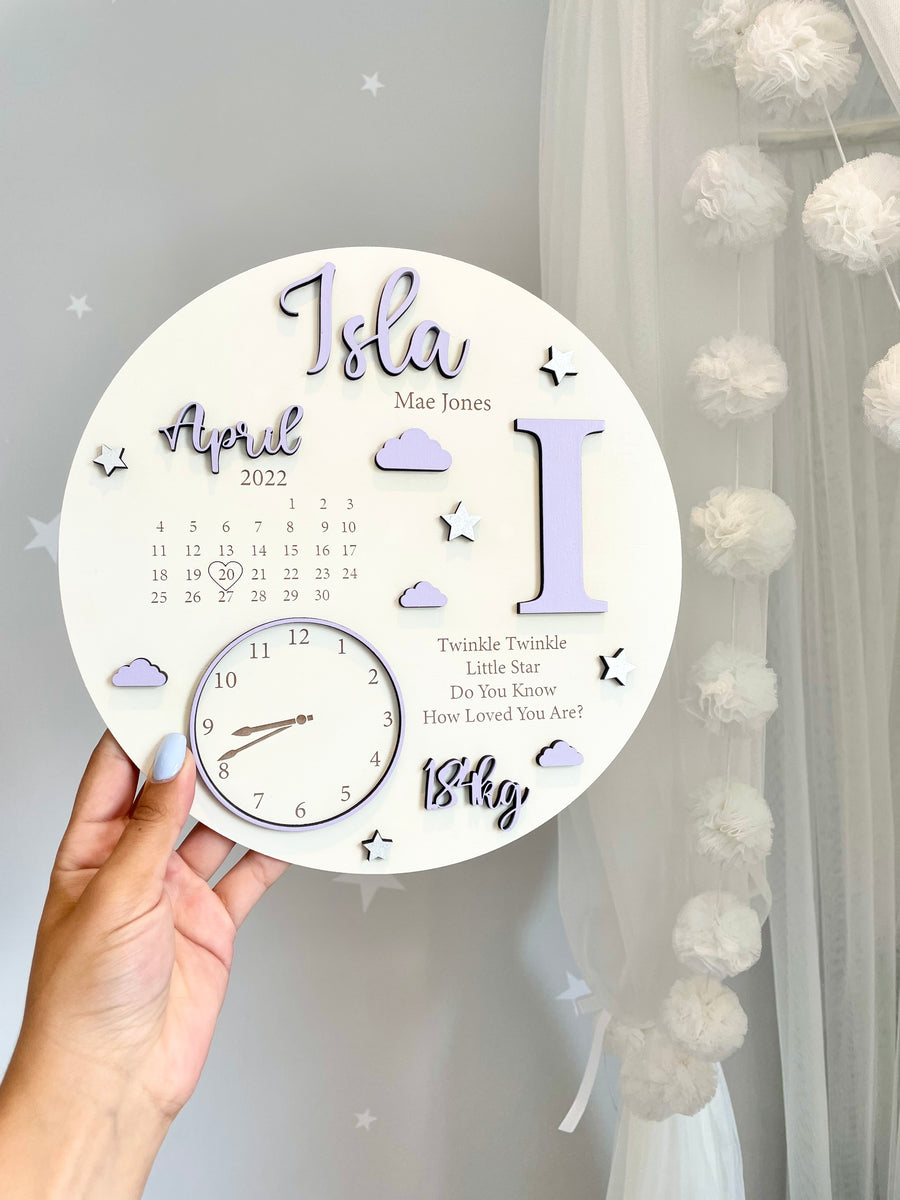 New Baby Birth Plaque with pastel blue details and engraved text