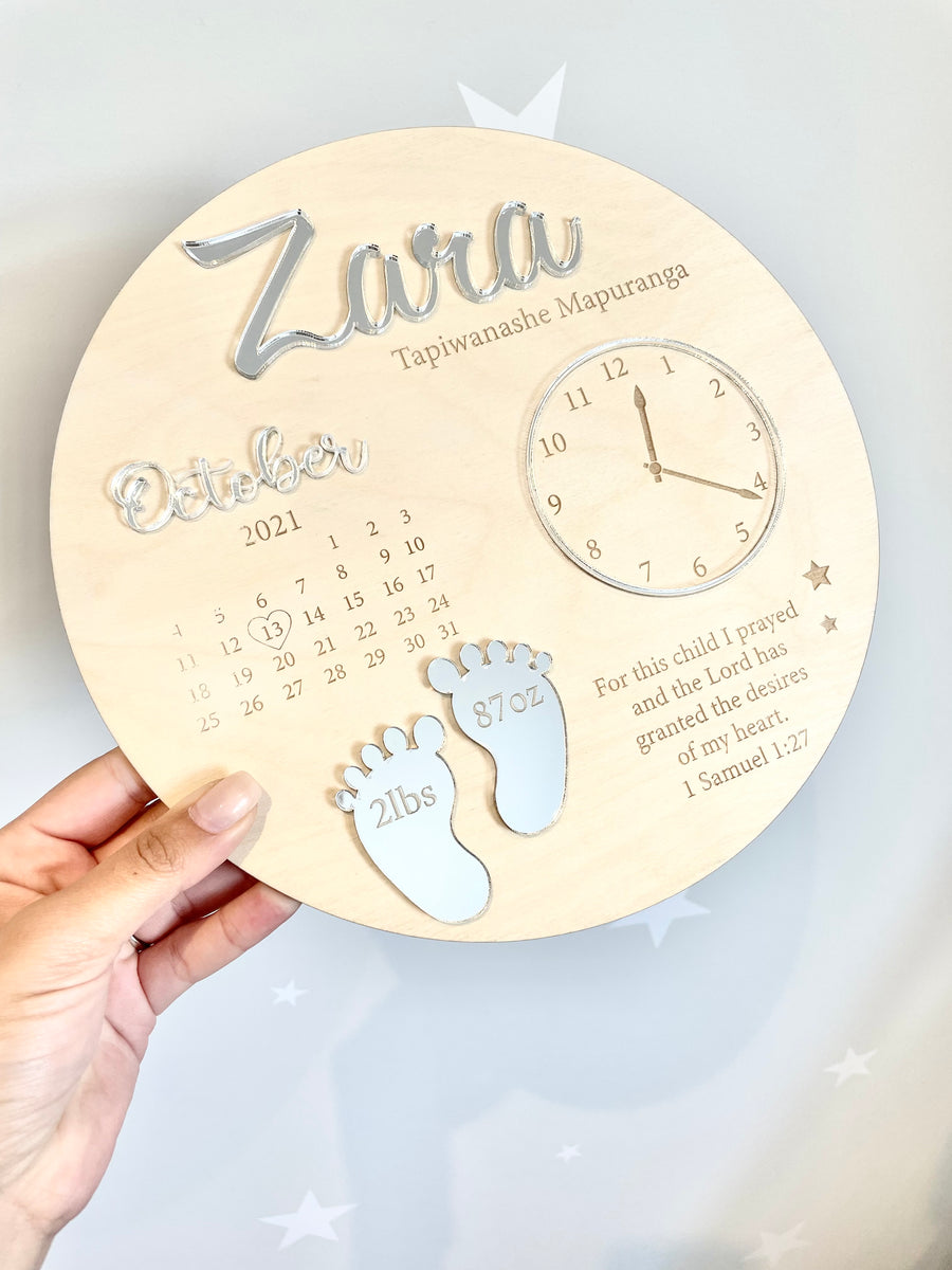 Wooden and acrylic new baby birth plaque in natural wood color