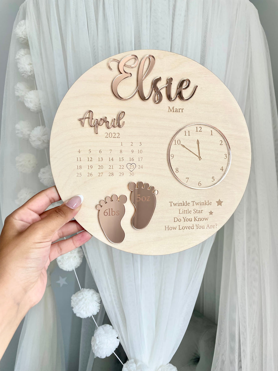 Wooden and acrylic new baby birth plaque in light wood, round shape