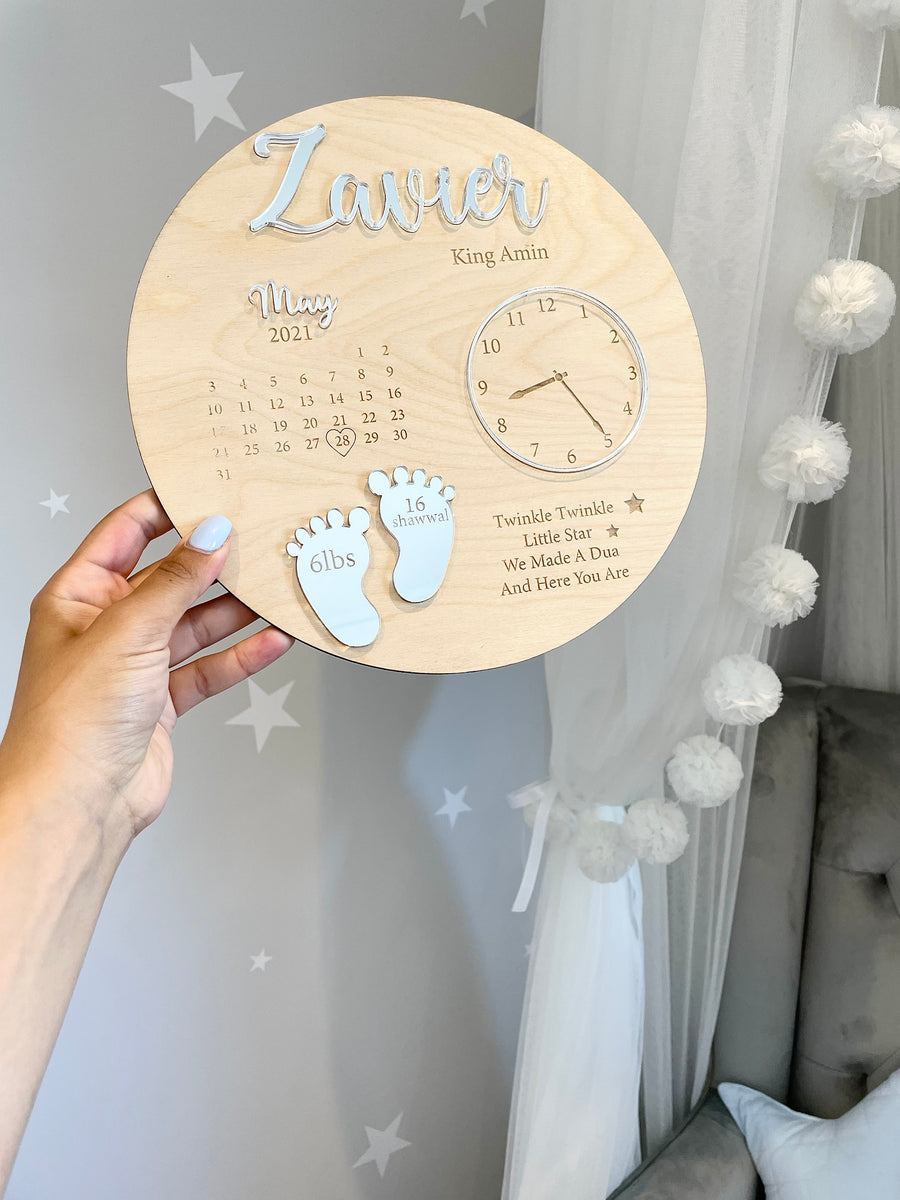 Wooden & Acrylic New Baby Birth Plaque in natural wood finish