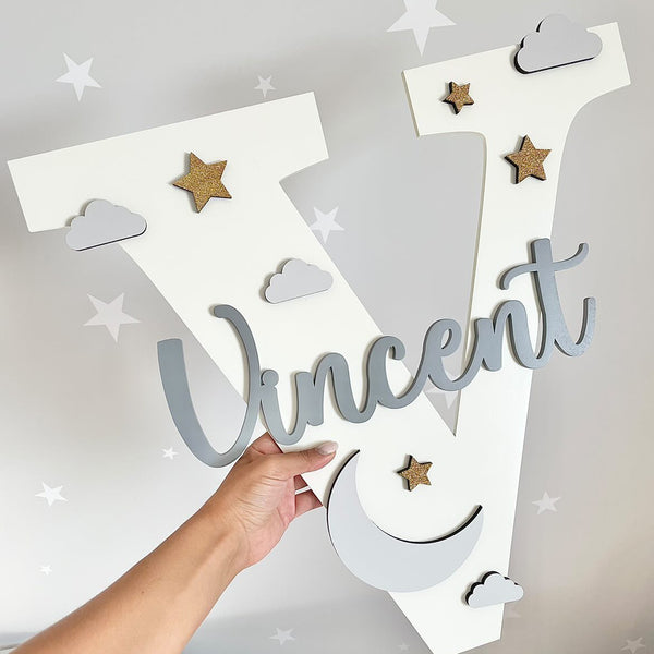 Giant Wall Initial in blue and white stars and clouds design