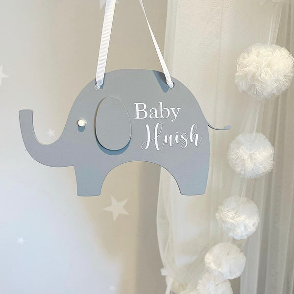 Hanging Elephant plush toy in gray fabric with embroidered details