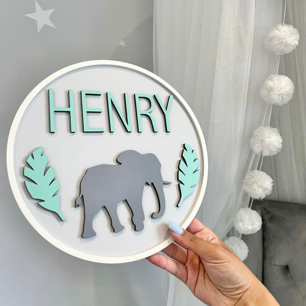 Elephant Name Plaque in light wood with engraved elephant design
