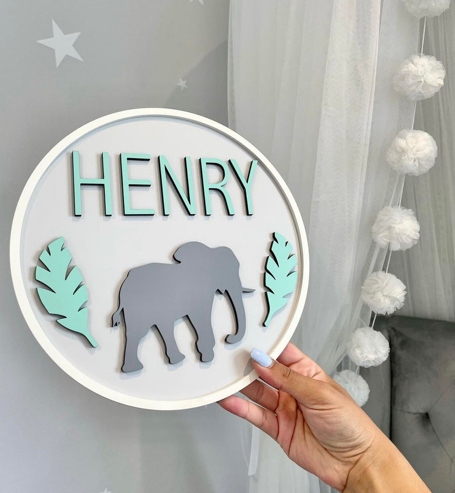 Elephant Name Plaque in light wood with engraved elephant design