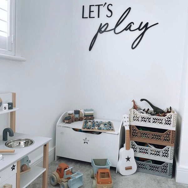 Let’s Play wall sign in colorful wood with playful lettering