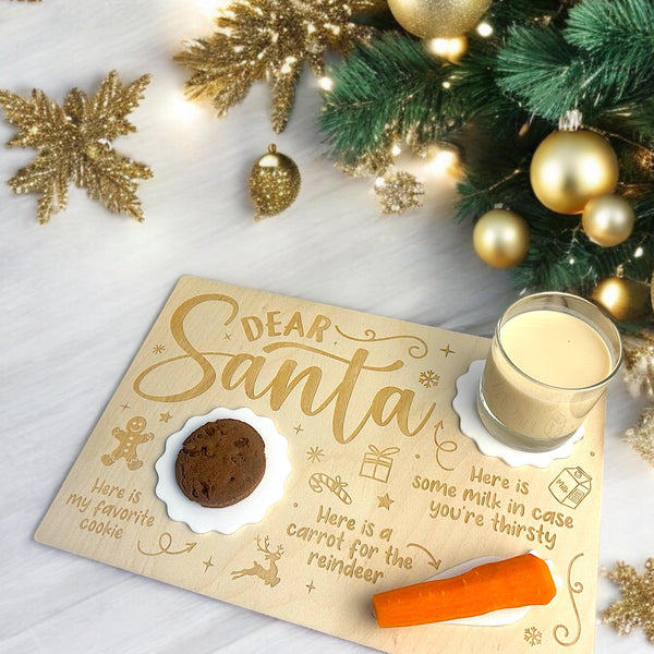 Personalised engraved wooden tray for cookies, milk, and carrots, Christmas theme