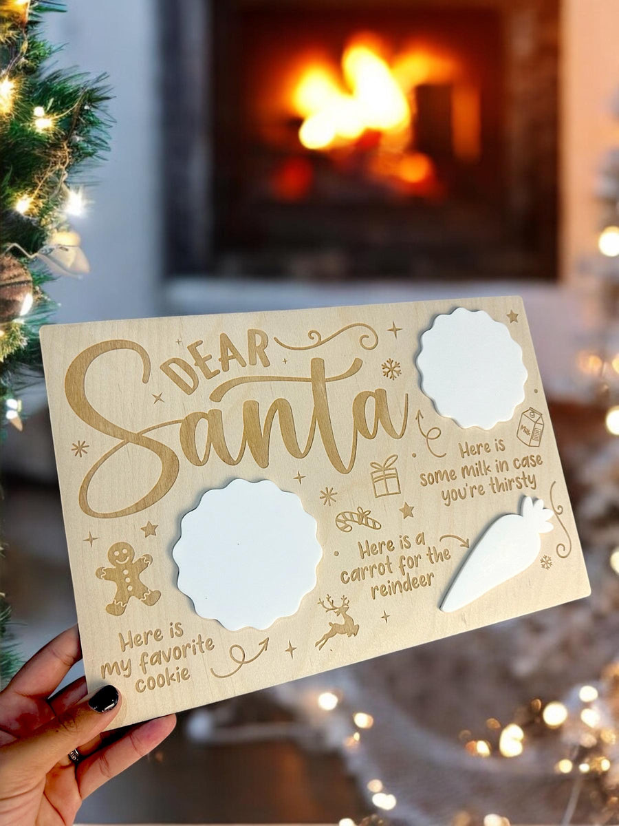 Personalized engraved wooden tray for cookies, milk, and carrots, Christmas design