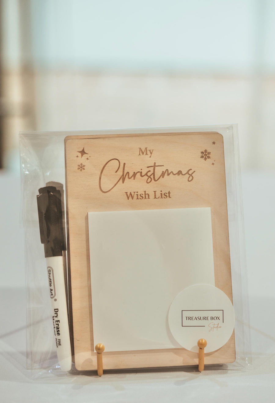 Christmas Wish List Board in wood with pen and magnet, reusable holiday decoration