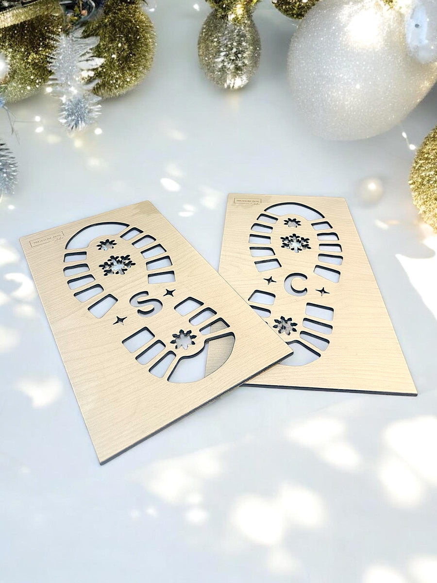 Wooden Santa Feet Stencil with intricate boot prints for holiday fun
